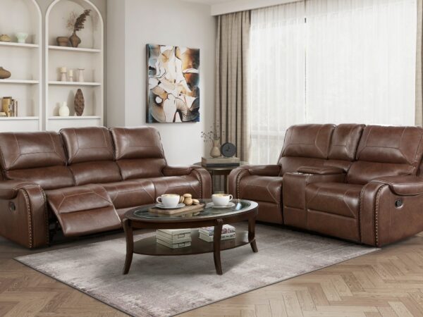 8549BRW Seating-Newnan Collection 2pc Set: Sofa, Love