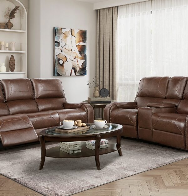 8549BRW Seating-Newnan Collection 2pc Set: Sofa, Love
