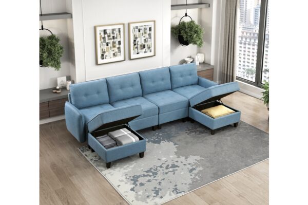 9557BUE Seating-Garren Collection 8-Piece Sectional with Stora...