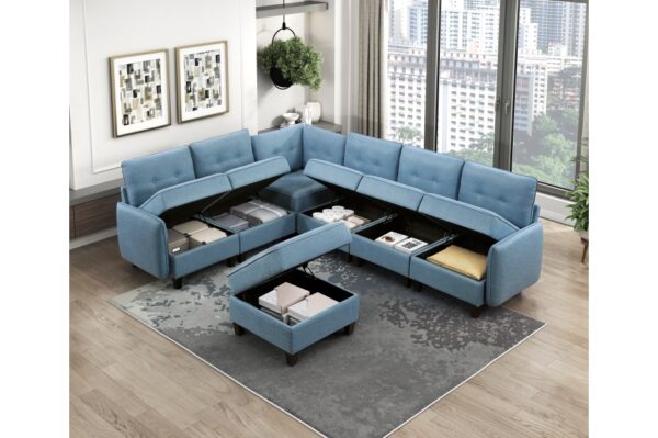 9557BUE Seating-Garren Collection 8-Piece Sectional with Stora...