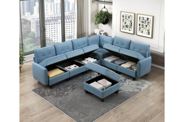9557BUE Seating-Garren Collection 8-Piece Sectional with Stora...