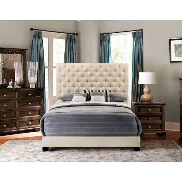 HE-SH278BGE-1  QUEEN BED W/BEIGE FABRIC W/4 SLAT + 8 S.LEG