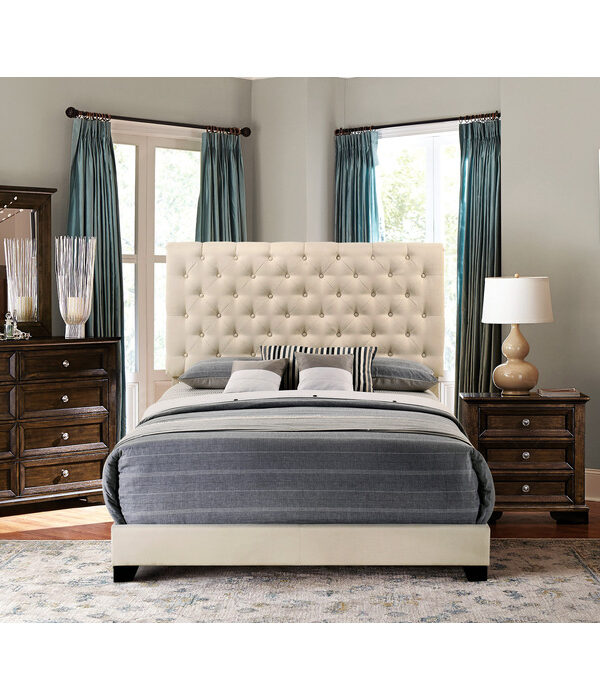 HE-SH278BGE-1  QUEEN BED W/BEIGE FABRIC W/4 SLAT + 8 S.LEG