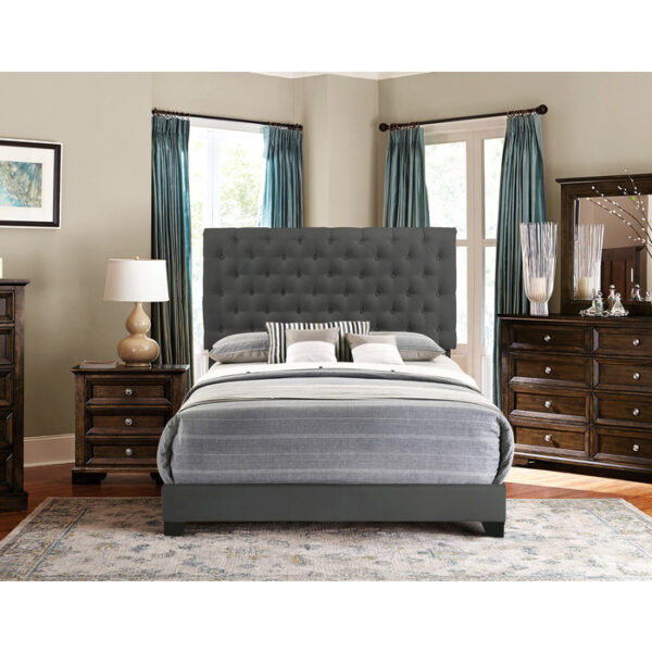 HE-SH278DGR-1  QUEEN BED W/DARK GREY FABRIC W/4 SLAT + 8 S.LEG