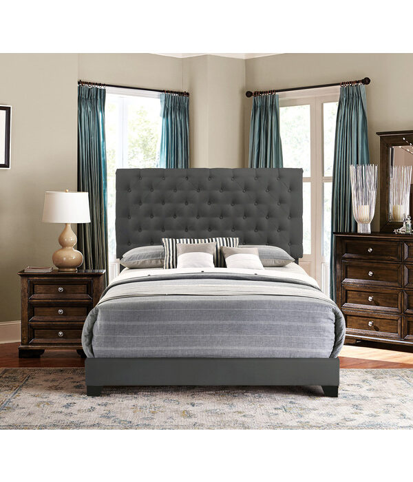 HE-SH278DGR-1  QUEEN BED W/DARK GREY FABRIC W/4 SLAT + 8 S.LEG