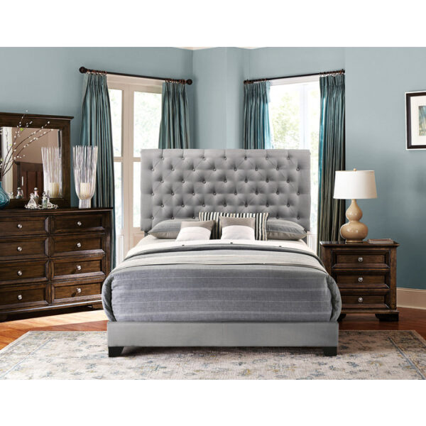 HE-SH278GRY-1  QUEEN BED W/GREY FABRIC W/4 SLAT + 8 S.LEG