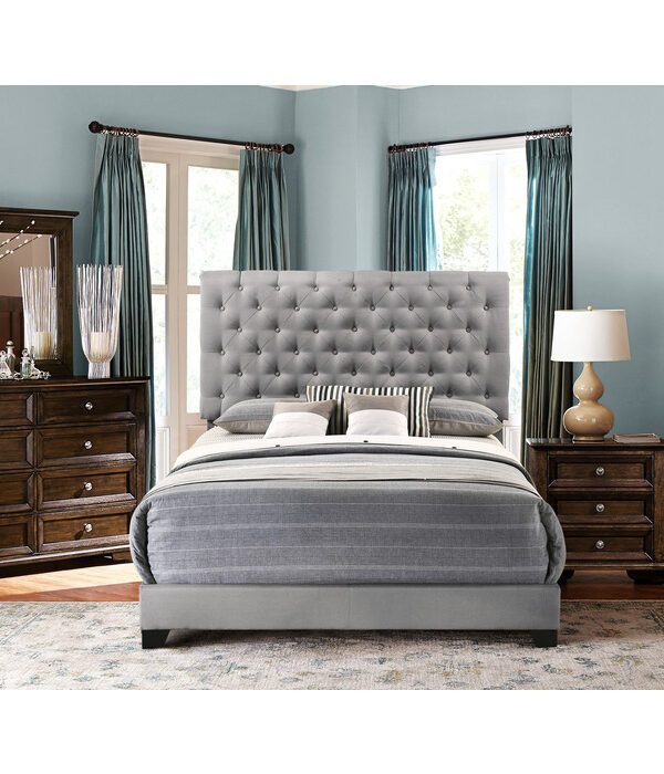 HE-SH278GRY-1  QUEEN BED W/GREY FABRIC W/4 SLAT + 8 S.LEG