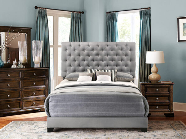 KING BED W/GREY FABRIC W/4 S