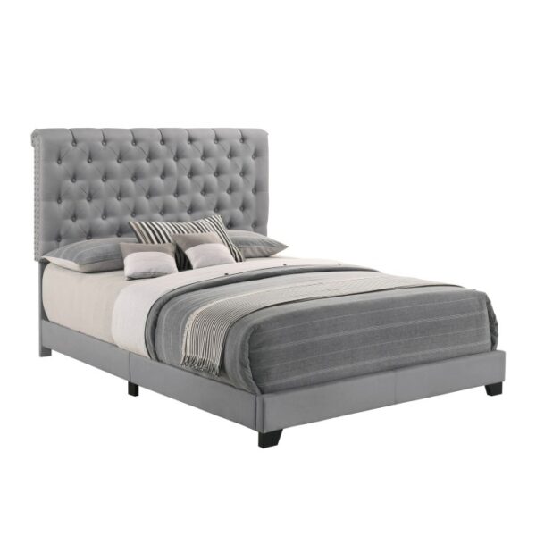 HE-SH278DGR-1  QUEEN BED W/DARK GREY FABRIC W/4 SLAT + 8 S.LEG