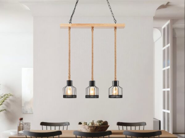 Wood and Ropes 3 Light Chandelier // Black