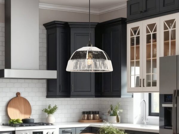 Iron and Ropes 1 Light 14" Diam Pendant // Black and Cream