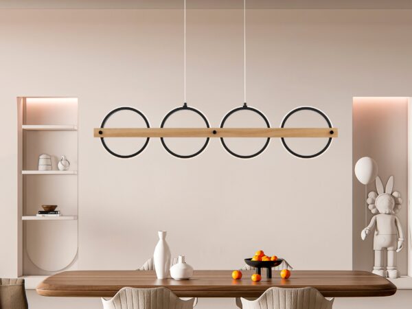 Chandelier 4 Circles Satin Black & Wood