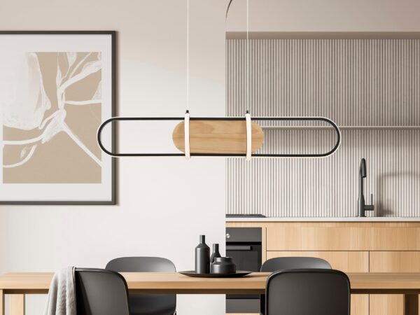 Chandelier Rounded Rectangle Satin Black & Wood