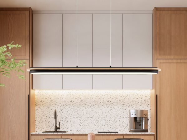 Chandelier Curved Linear Satin Black & Wood
