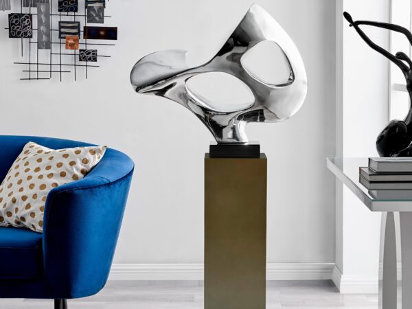 Chrome Abstract Mask 54" Tall Floor Sculpture // Chrome with Gray Stand