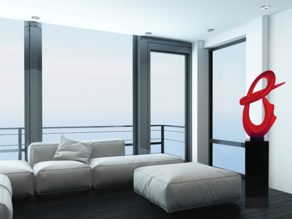 Fluid Abstract 59" Tall Floor Sculpture // Red with Black Stand