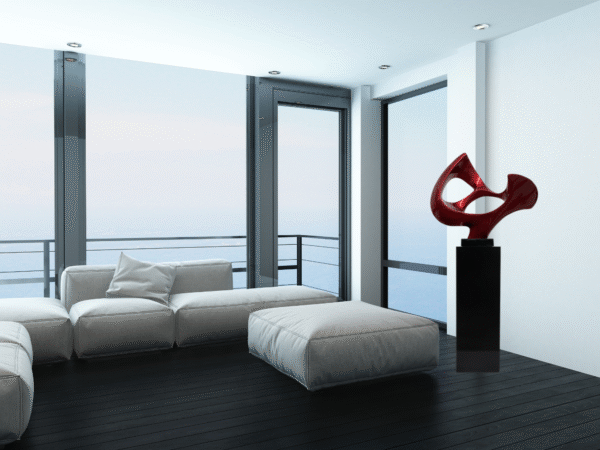 Abstract Mask 54" Tall Floor Sculpture // Metallic Red and Black Stand