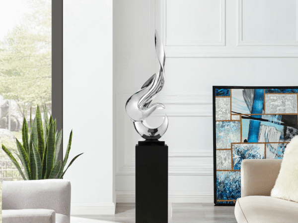 Flame 65" Tall Floor Sculpture // Chrome with Black Stand