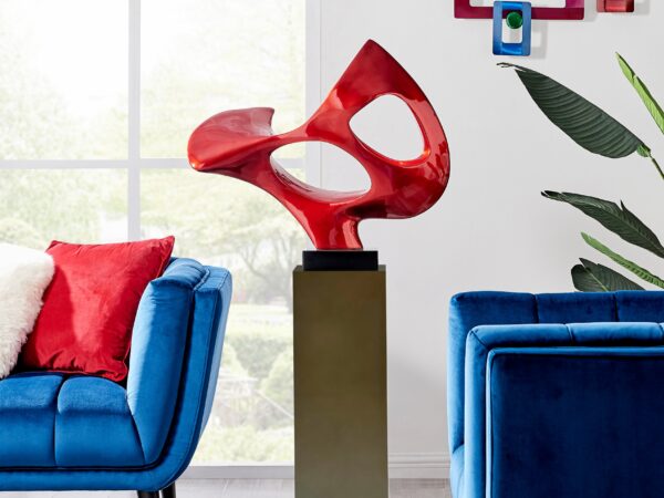 Abstract Mask 54" Tall Floor Sculpture // Metallic Red With Gray Stand