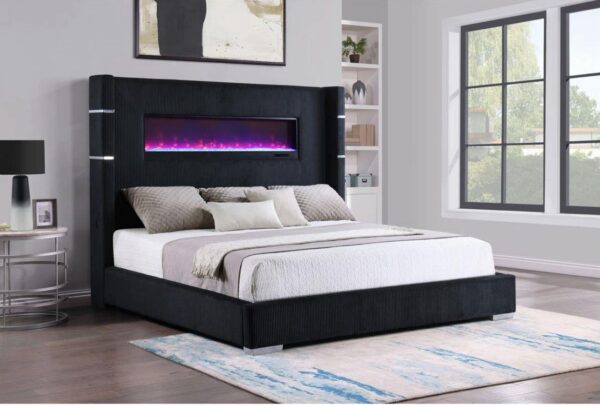 B820 - Villas Black Queen Bed W/ Fireplace insert