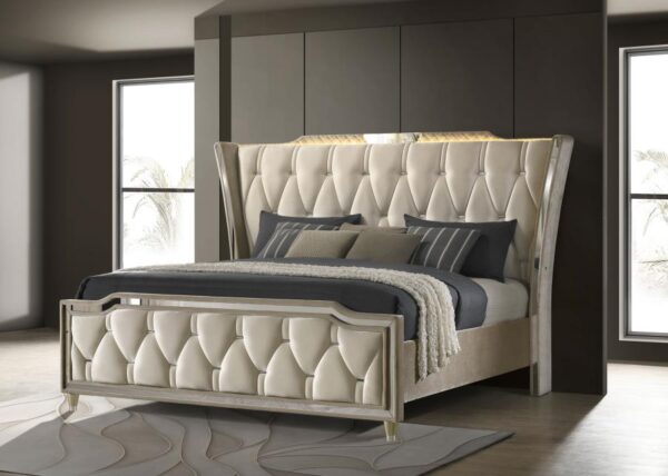 Lorient Queen LED Upholstered Wingback Bed Ivory and Camel