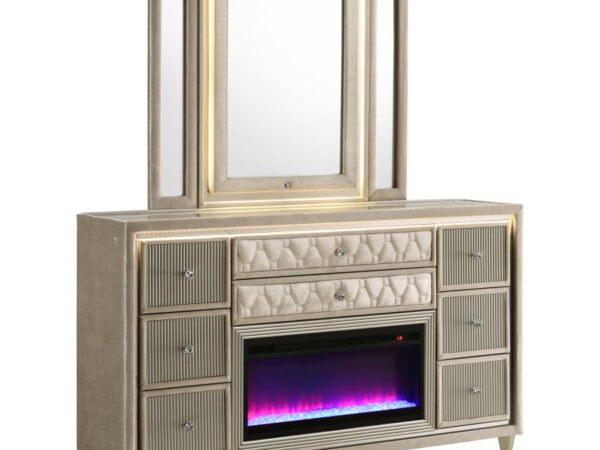 Lorient 8-drawer LED Flame Box Dresser and Mirror Ivory Camel