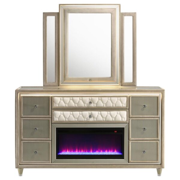 Lorient 8-drawer LED Flame Box Dresser and Mirror Ivory Camel