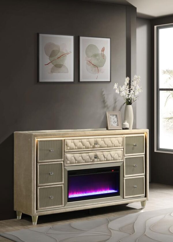 Lorient 8-drawer LED Bedroom Flame Box Dresser Ivory Camel