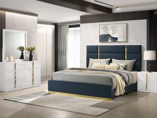 Ines 4-piece Eastern King Bedroom Set Navy and White High Gloss