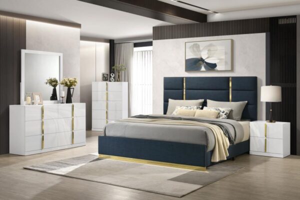 Ines 5-piece Eastern King Bedroom Set Navy and White High Gloss