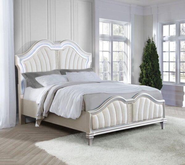 Evangeline Wood Queen LED Panel Bed Silver Oak