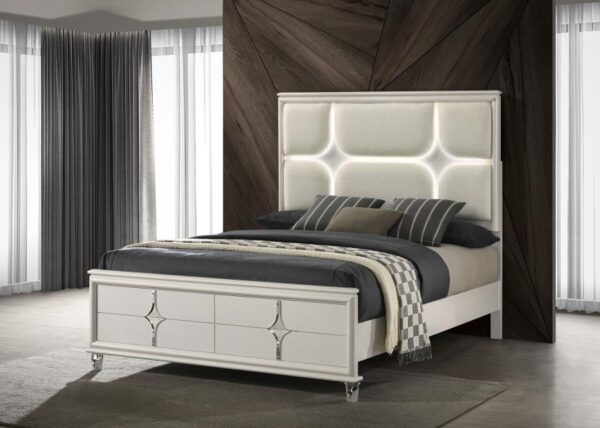 Olivia Queen Panel Bed LED Headboard Pearl White