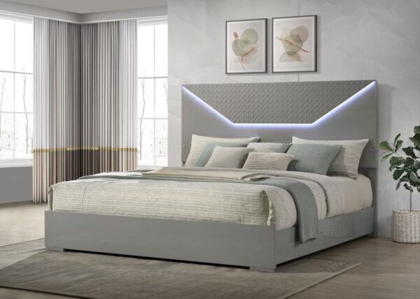 Ives Eastern King Panel Bed LED Headboard Grey High Gloss