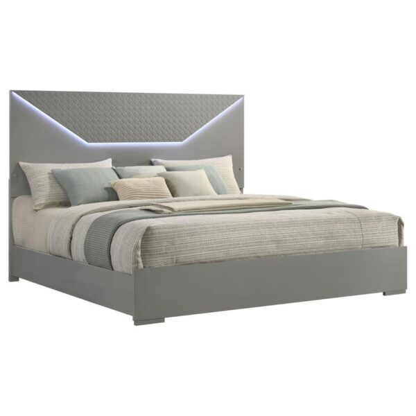 Ives Eastern King Panel Bed LED Headboard Grey High Gloss