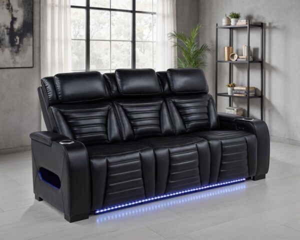 Zuma Faux Leather Dual Power Reclining LED Sofa Black