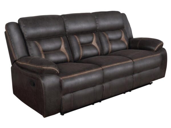 Greer Upholstered Motion Reclining Sofa Brown
