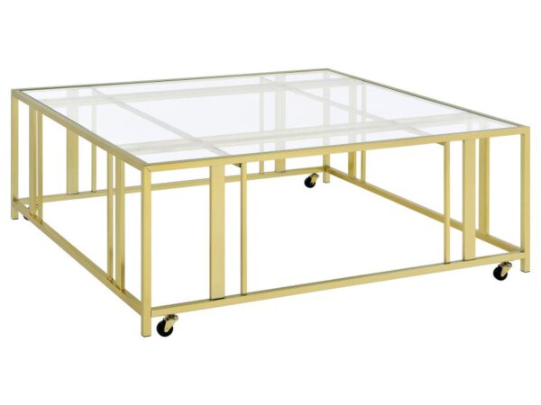Adri Square Glass Top Coffee Table with Casters Matte Brass