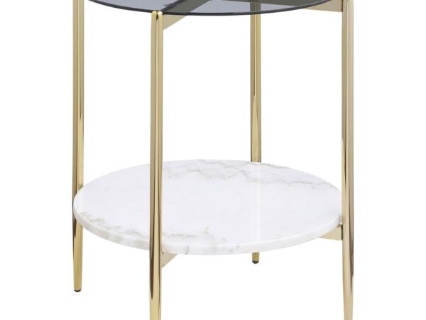 Jonelle Round Glass Top End Table White Marble Shelf Gold