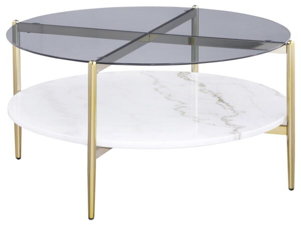 Jonelle Round Glass Top Coffee Table White Marble Shelf Gold