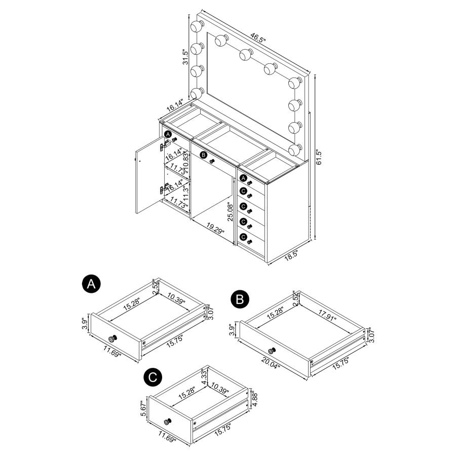 Acena 7-drawer Vanity Set with Lighting Black High Gloss