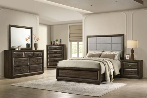 Atlas 63-inch Queen Upholstered Panel Bed Grey and Dark Oak