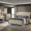 Lorient Queen LED Upholstered Wingback Bed Ivory and Camel
