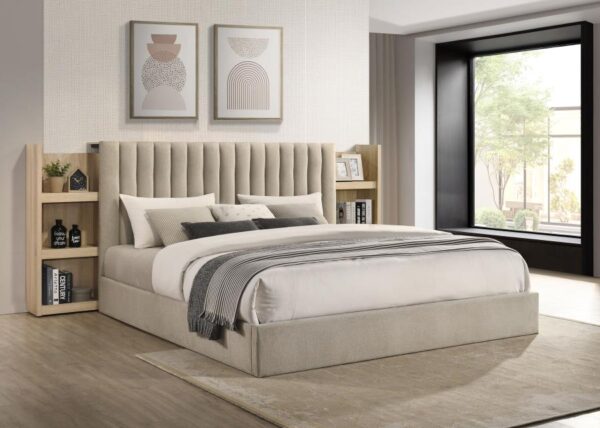 Arielle Eastern King Bookcase Panel Storage Bed Light Oak