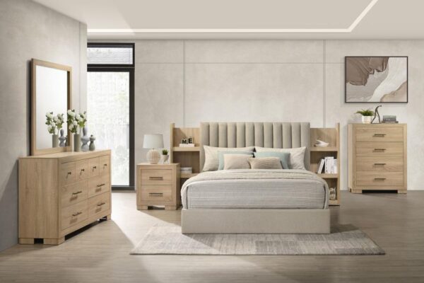 Arielle Queen Bookcase Panel Storage Bed Light Oak