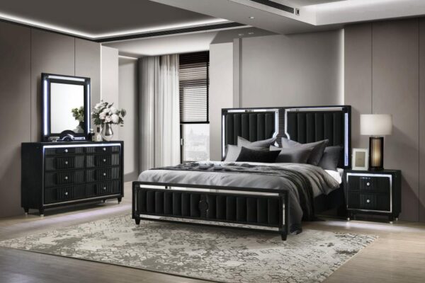 Ravenne 4-piece Velvet Upholstered Eastern King LED Bedroom Set Black