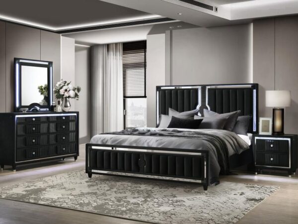 Ravenne 4-piece Velvet Upholstered Queen LED Bedroom Set Black