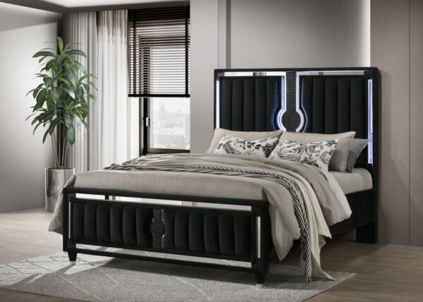 Ravenne Velvet Upholstered Queen LED Panel Bed Black