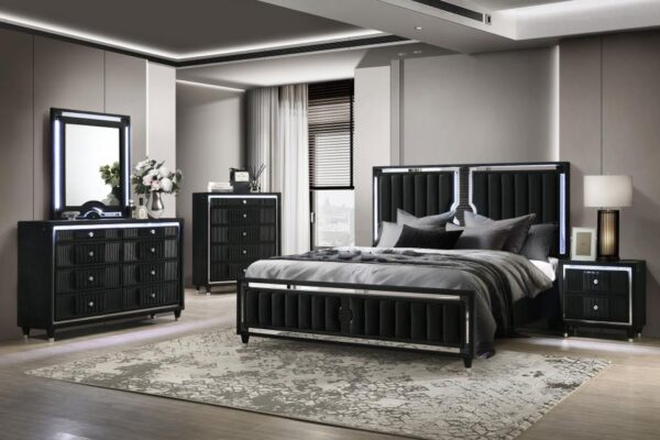Ravenne Velvet Upholstered Queen LED Panel Bed Black