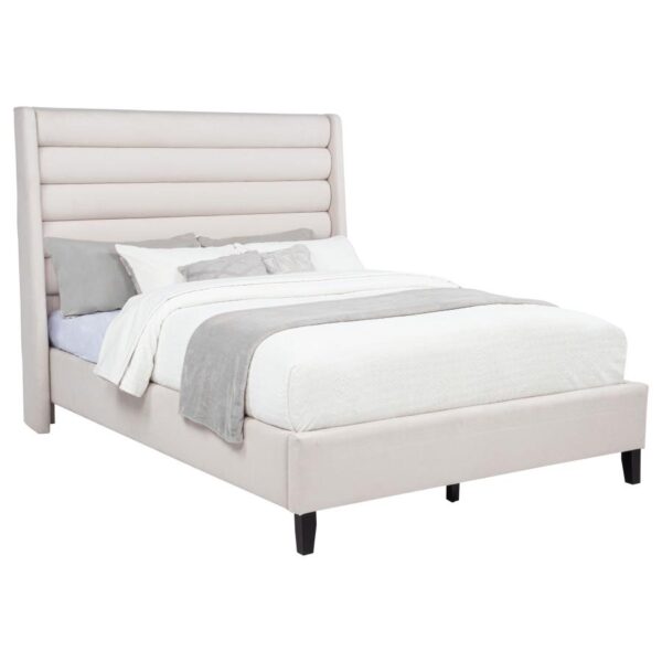 Leslie Upholstered Tufted Queen Wingback Platform Bed Beige