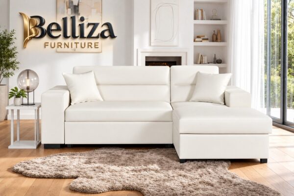 Belliza White Leather Sectional Sofa Bed with Chaise